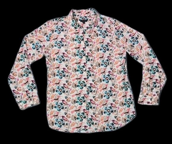 Talbots Tops - Talbots Long Roll Tab Sleeve Button Up M Floral Bird Print Artsy Career Casual